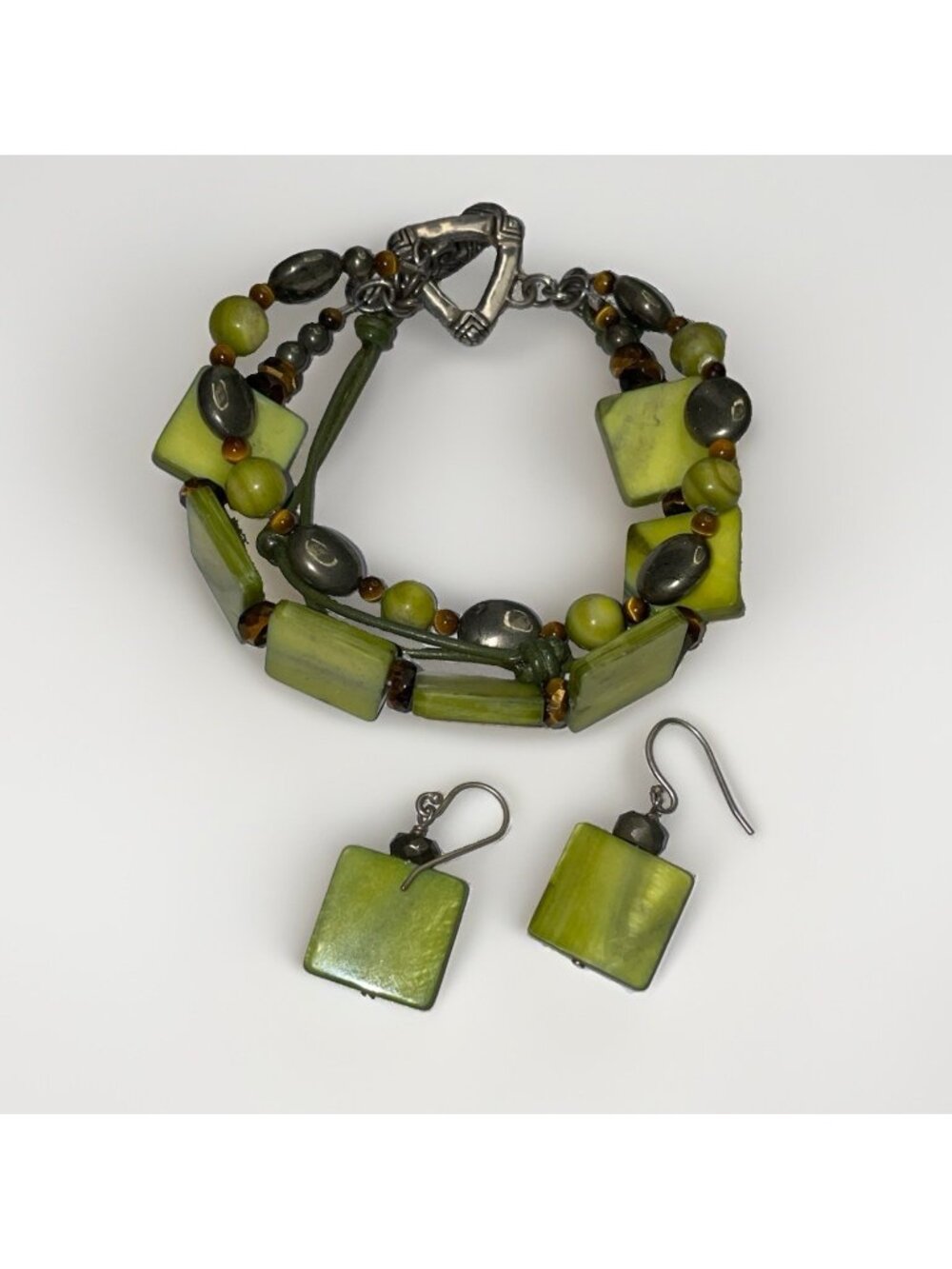 Silpada Sterling Silver Green MOP Tigers Eye Pyrite Bracelet B1132 Earrings Set